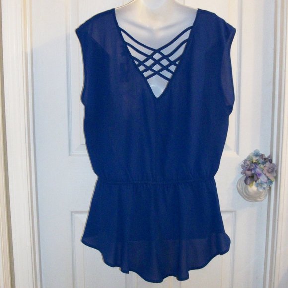 MINE TOO 2XL Cobalt Blue Peplum Pullover Top NWT Cut Out Back Semi Sheer - Picture 4 of 8